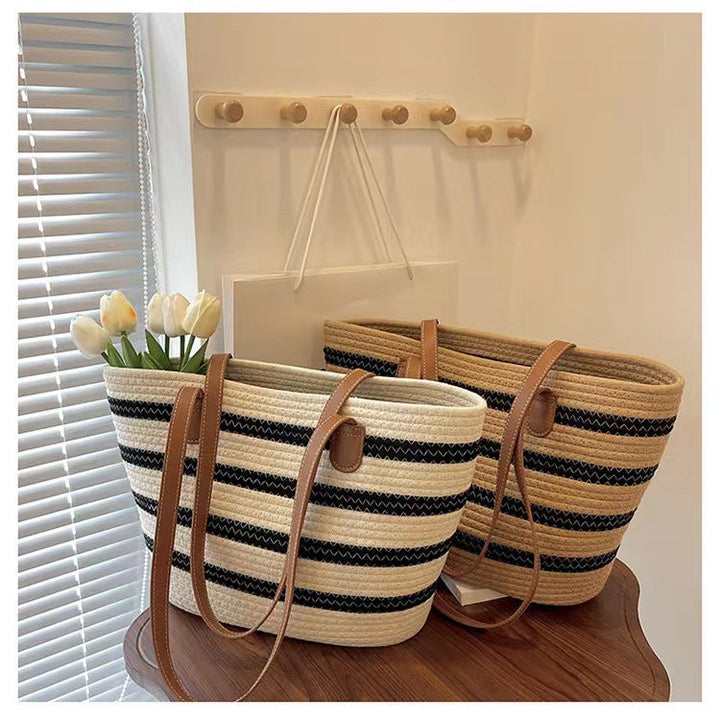 Elegant Tote Bag Made of Woven Bast Material with Robust Leather Accents Kalsten