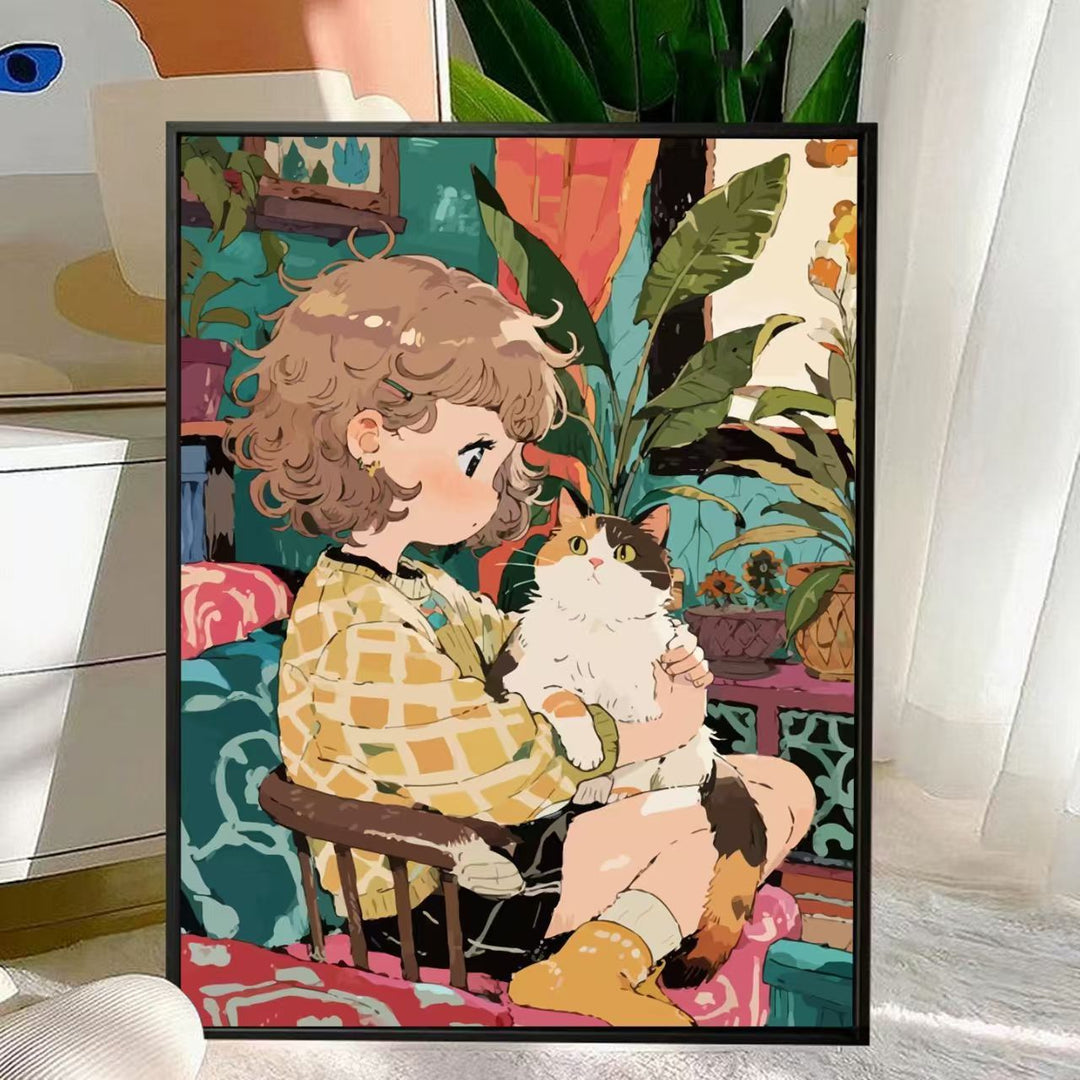 Cute Cat and Child Illustration Wall Art Kalsten