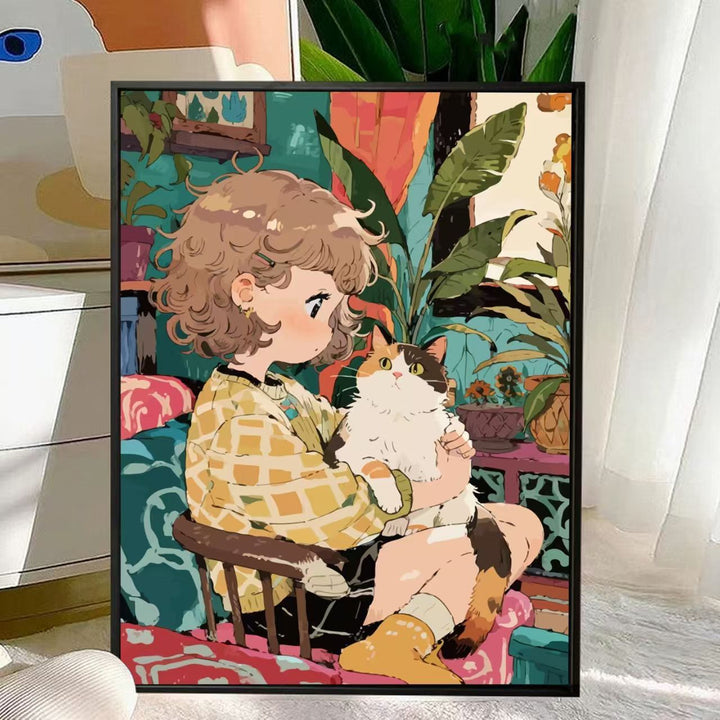 Cute Cat and Child Illustration Wall Art Kalsten