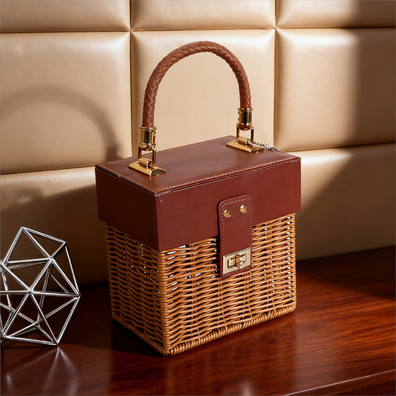 Women Stylish Basket with Elegant Leather Lid and Woven Design Kalsten
