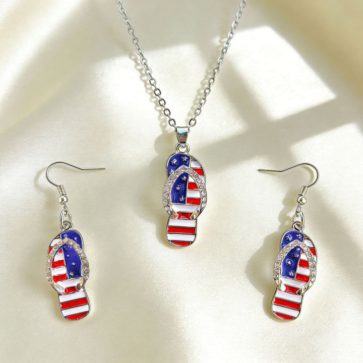 Women's patriotic jewelry set flip-flop pendant necklace and earrings with enamel and crystal embellishment Kalsten