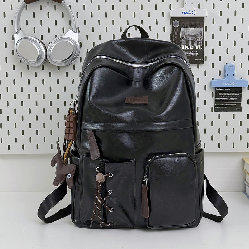 Multi-Pocket Leather School Backpack