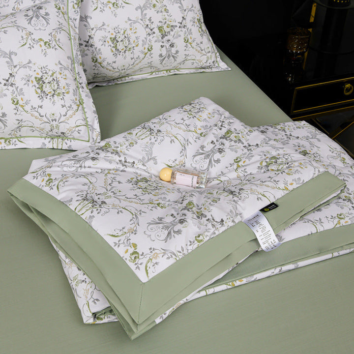 Floral Cotton Sateen Duvet Cover Set With Piped Border And Matching Pillow Shams