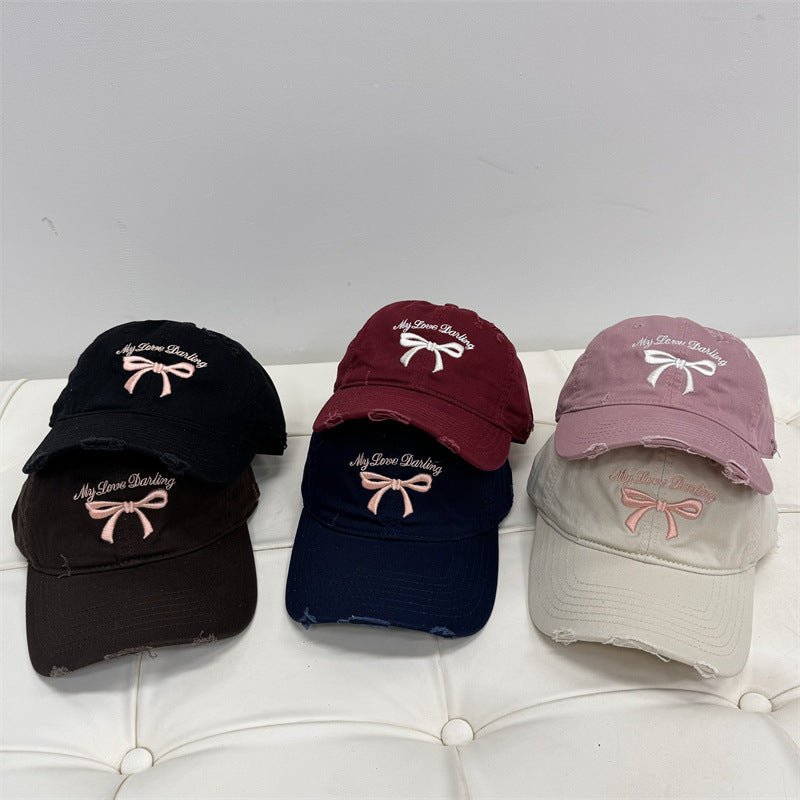 Women's Distressed Cotton Baseball Cap with Bow Embroidery Kalsten