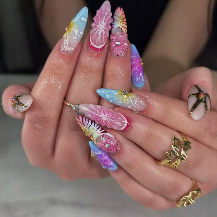 Artistic Press-On Nail Set with Floral 3D Design Kalsten
