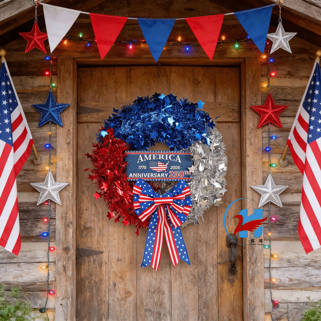 Unisex nan more patriotic door wreath made of tinsel with star embellishments and large bow Kalsten