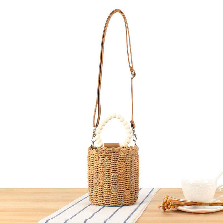 Handbag Made of Woven Natural Material with Decorative Wooden Handle Kalsten