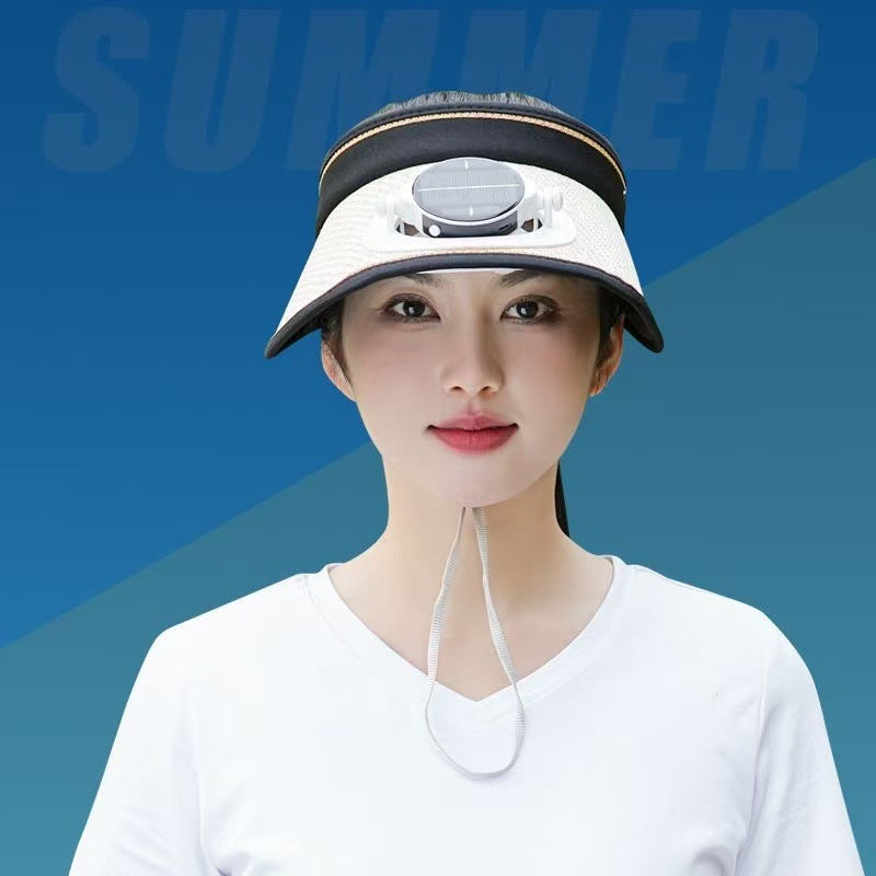 Adjustable sunshade for with removable solar fan and breathable straw effect Kalsten