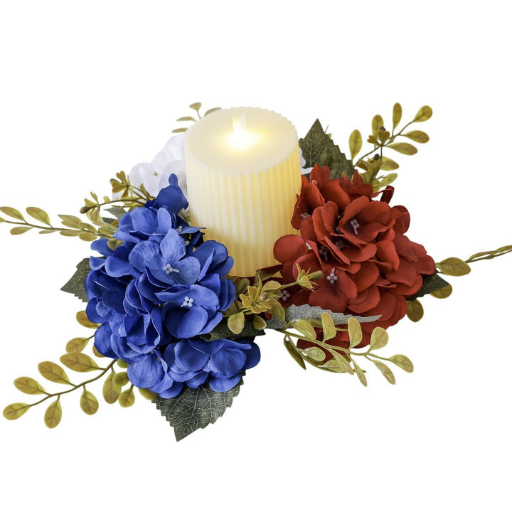 Unisex decorative candle plate with glass candle holder and artificial hydrangeas in country house style Kalsten