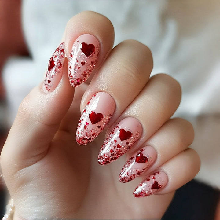 Artificial nails with sparkling heart design and glitter coating Kalsten
