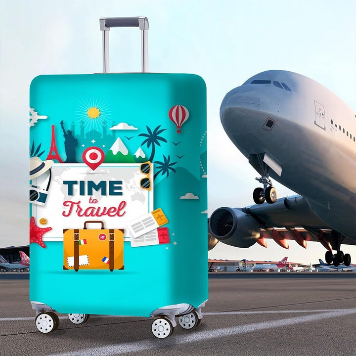 Unisex nan elastic motive suitcase protection in retro travel poster design with zipper and anti-slip attachment for spinner trolleys Kalsten