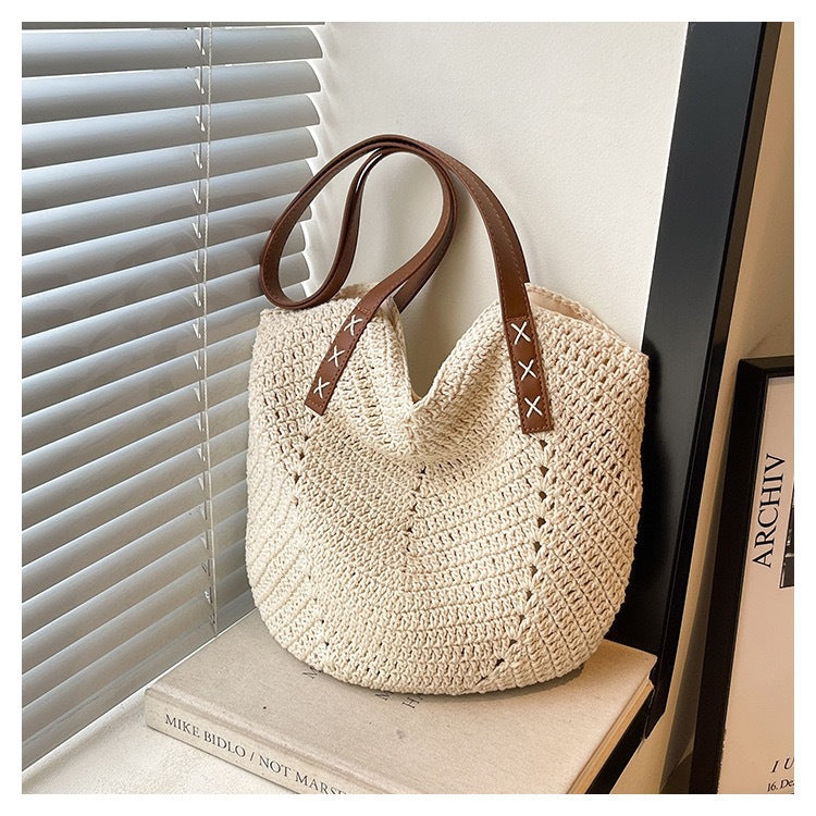 Handmade Beach Bag Made of Natural Material with Decorative Leather Accents Kalsten