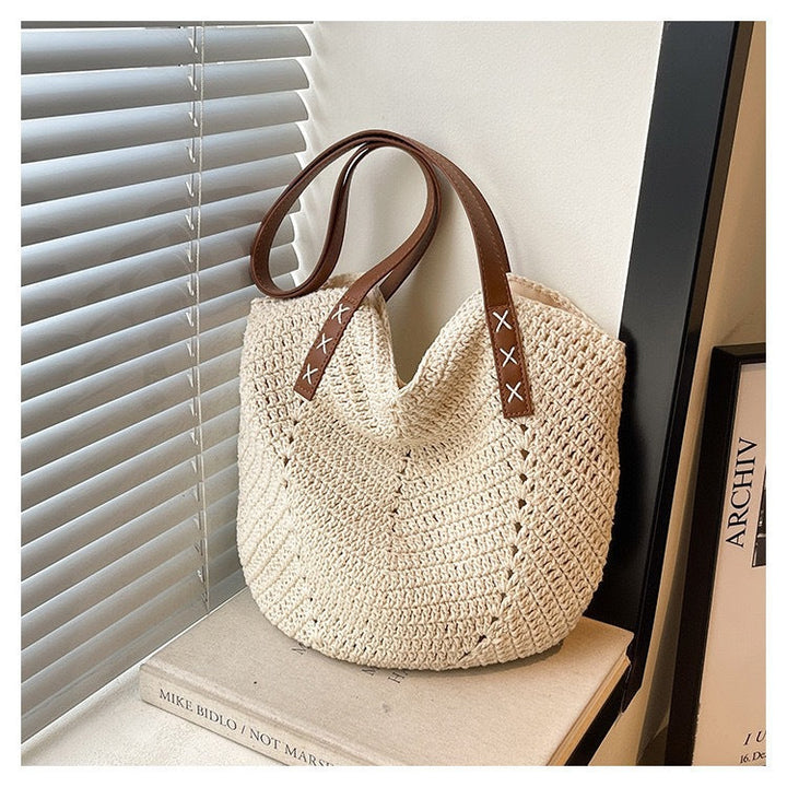 Handmade Beach Bag Made of Natural Material with Decorative Leather Accents Kalsten