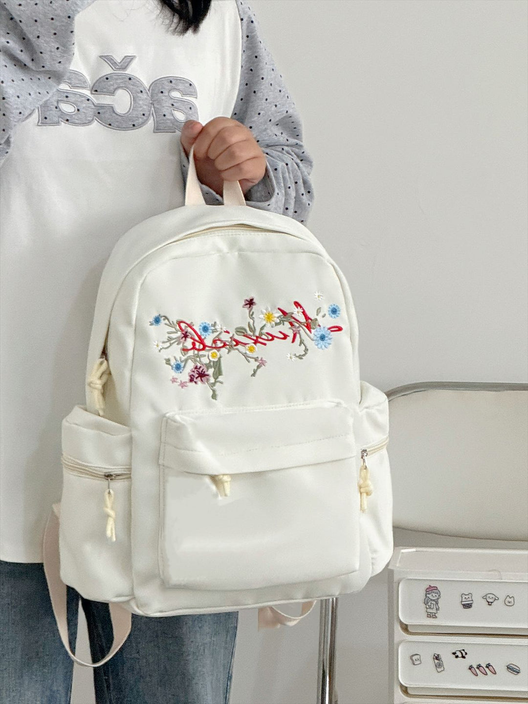 Floral Embroidered School Backpack