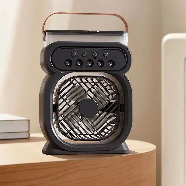 Unisex one-size portable rechargeable evaporative desktop air cooler and fan with leather carrying handle Kalsten