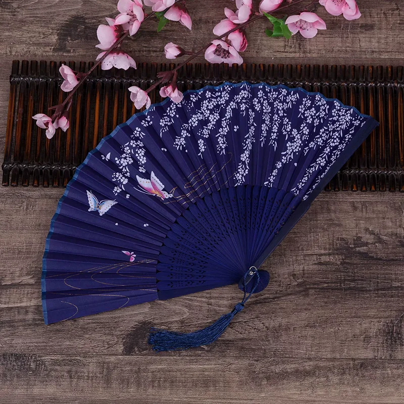 Women's one size elegant silk folding fan with floral butterfly motif and tassel Kalsten