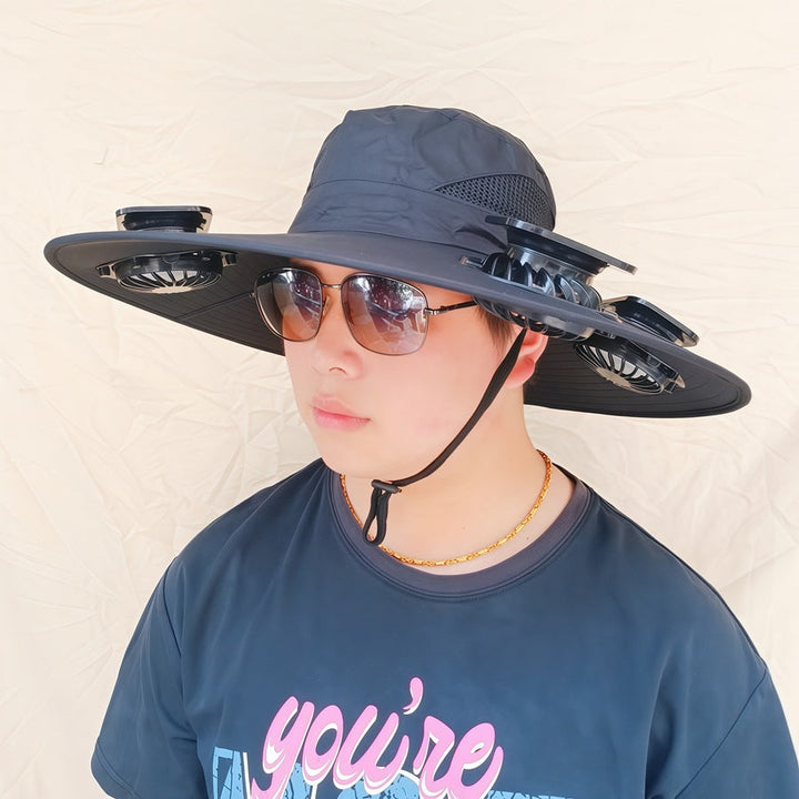 Wide-brimmed sun hat with detachable swivel solar fans and adjustable chin strap Kalsten