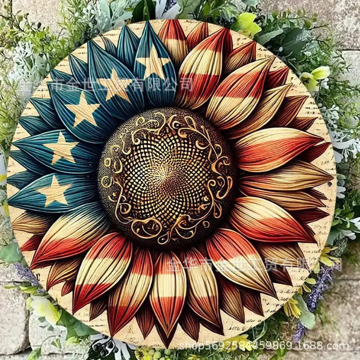 Independence Day rustic round wooden patriotic cross wall plaque with floral accents and God Bless America banner Kalsten