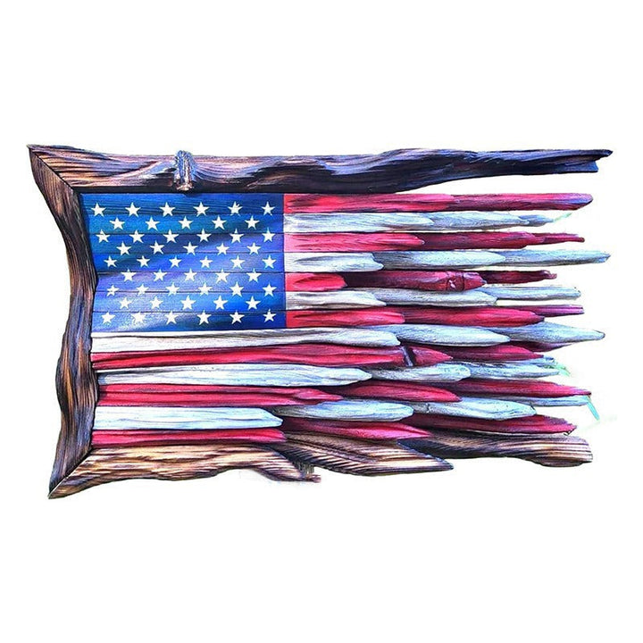 Unisex nan reclaimed wooden American flag wall sculpture with layered driftwood planks and rustic charred frame Kalsten