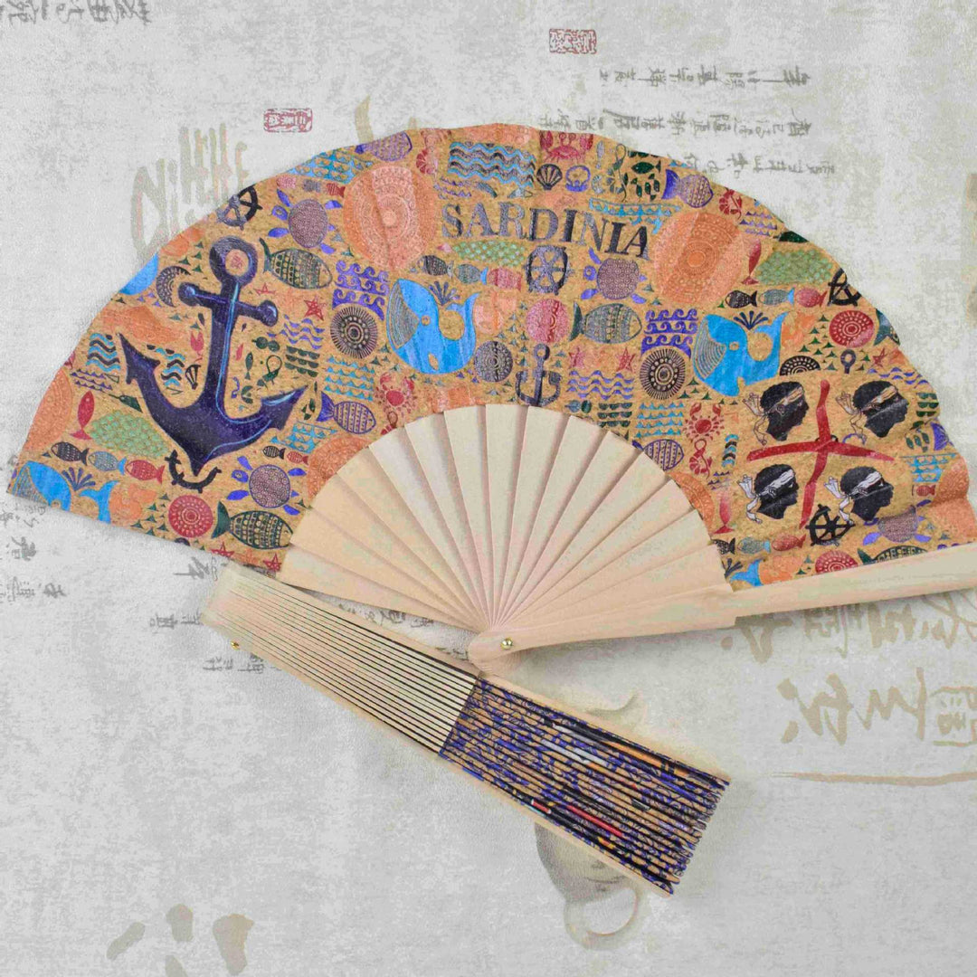 Ladies fan with cultural motif and elegant wooden frame Kalsten
