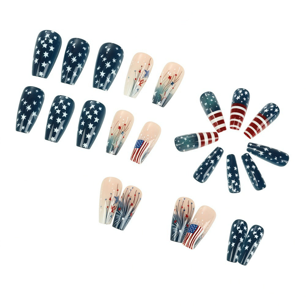 Women's nan long coffin press-on nails patriotic flag starburst full cover reusable Kalsten