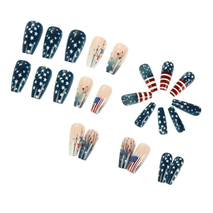 Women's nan long coffin press-on nails patriotic flag starburst full cover reusable Kalsten