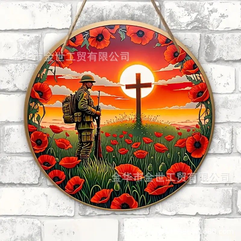 Independence Day rustic round wooden patriotic cross wall plaque with floral accents and God Bless America banner Kalsten