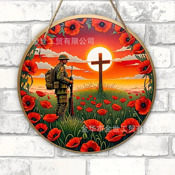 Independence Day rustic round wooden patriotic cross wall plaque with floral accents and God Bless America banner Kalsten