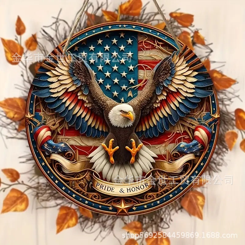 Independence Day rustic round wooden patriotic cross wall plaque with floral accents and God Bless America banner Kalsten