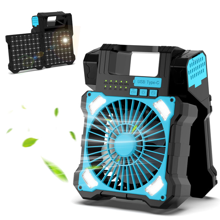 Cooling portable solar camping fan with USB-C power bank and integrated LED work light Kalsten