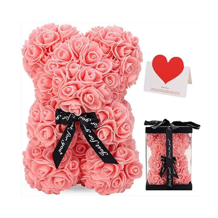 Handcrafted Foam Rose Teddy Bear Gift Sculpture With Satin Ribbon
