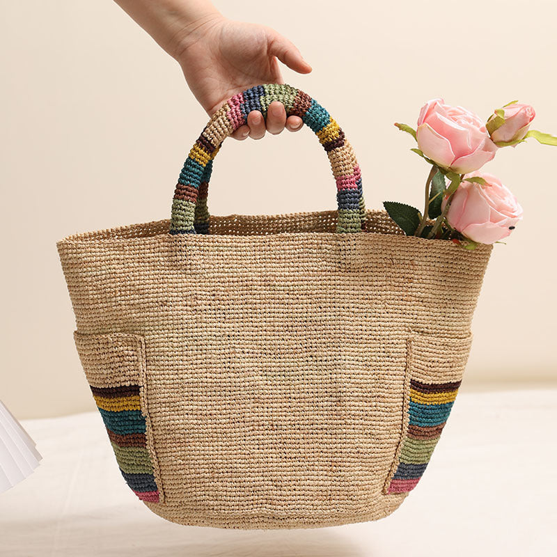 Handcrafted basket bag with colorful stripe accents Kalsten