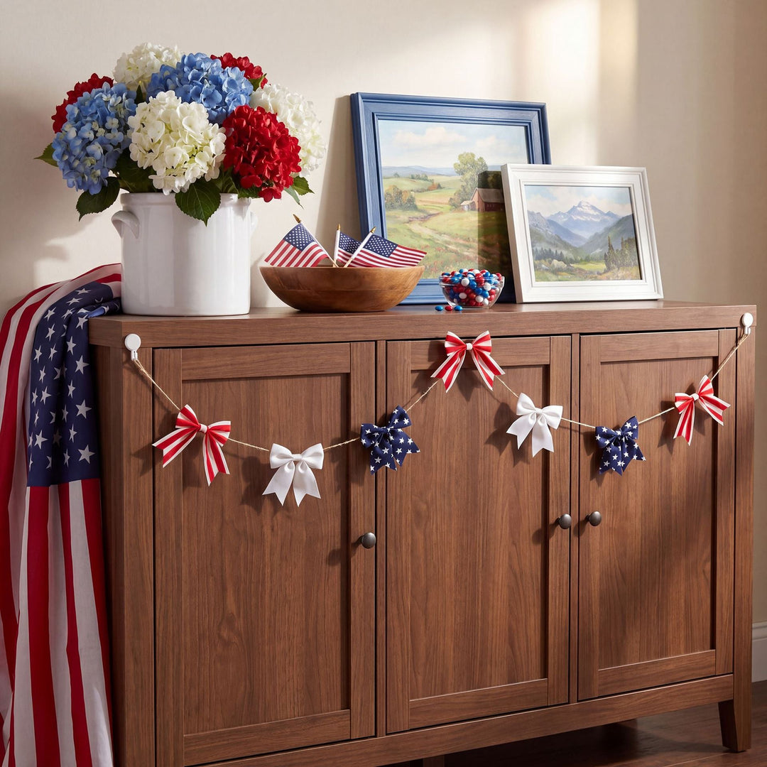 Unisex nan decorative fabric bow garland with jute twine and assorted striped star bows Kalsten
