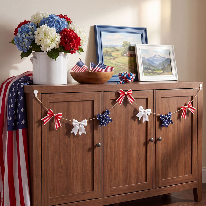 Unisex nan decorative fabric bow garland with jute twine and assorted striped star bows Kalsten