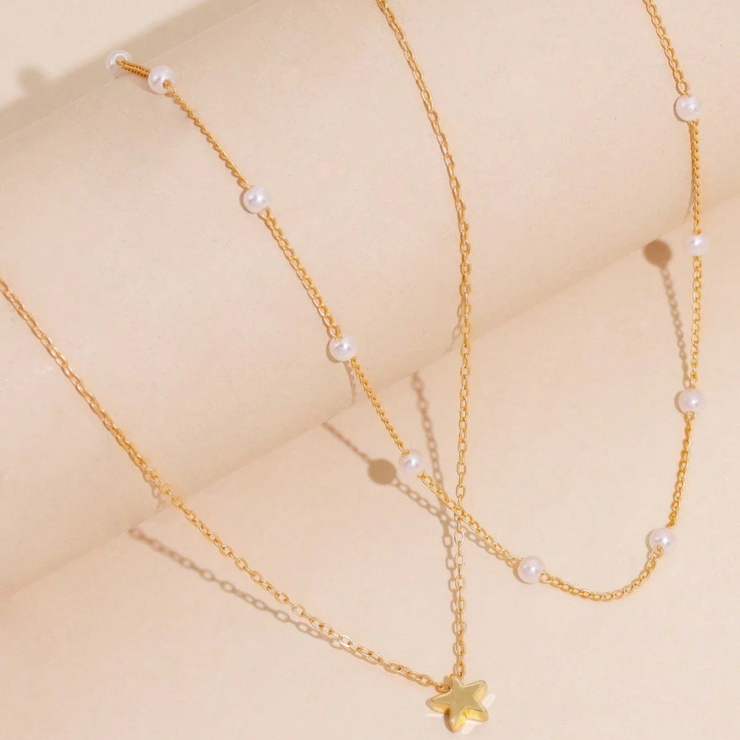 Layered Pearl and Star Charm Necklace Kalsten