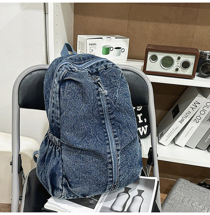Denim-Textured Casual School Backpack