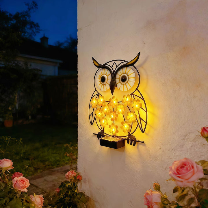 Metal Owl Wall Art With Solar Powered LED Floral Lights And Iron Frame Kalsten