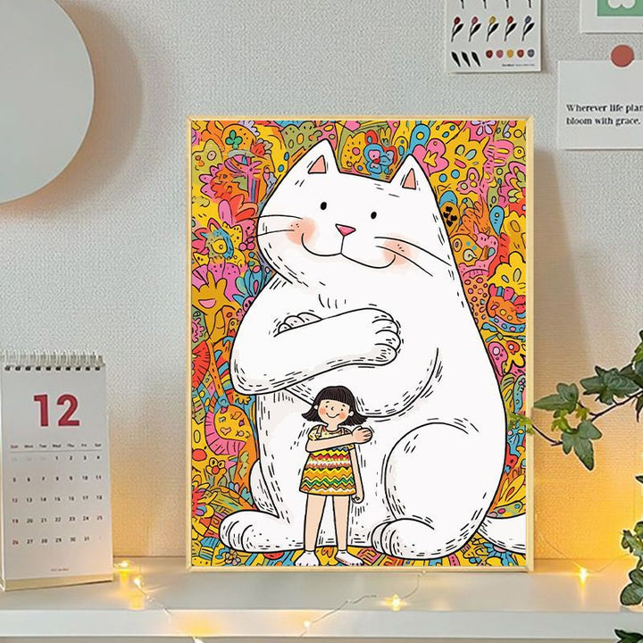 Playful Cat and Girl Illustration Canvas Art Kalsten