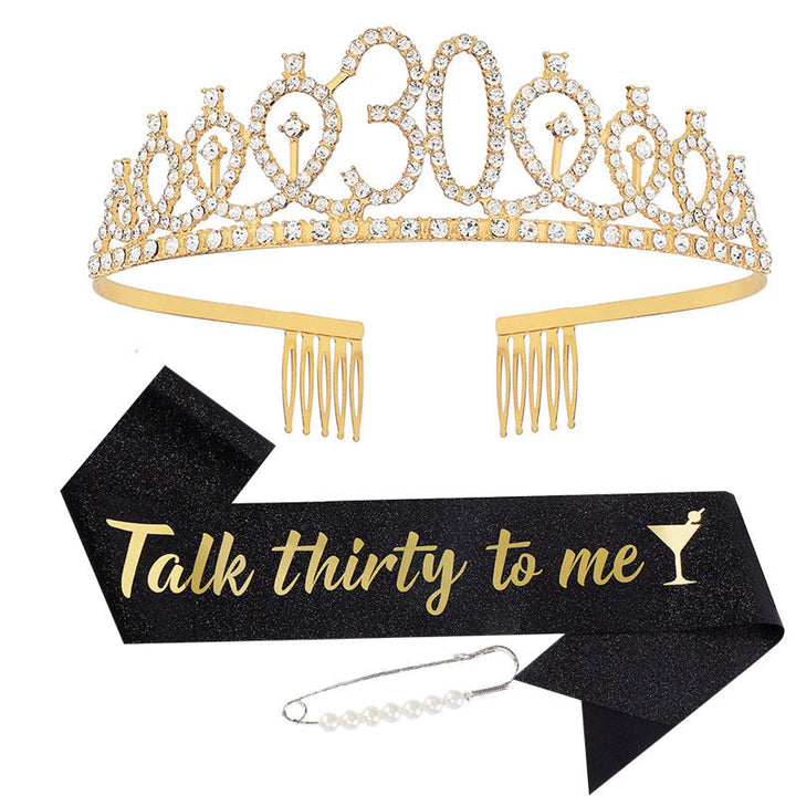 Women Crystal-Embellished Birthday Crown with Personalized Sash Kalsten
