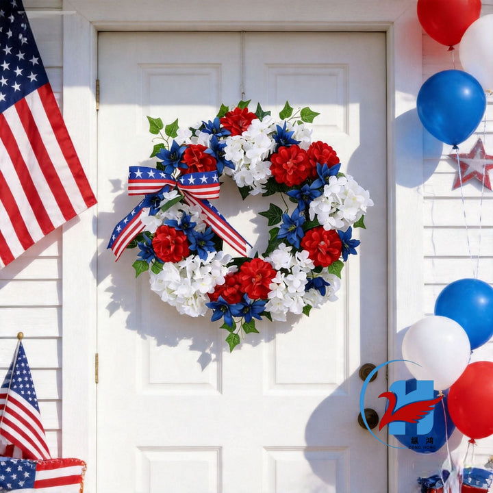 Unisex decorative door wreath made of durable artificial flowers with ribbon in festive style Kalsten