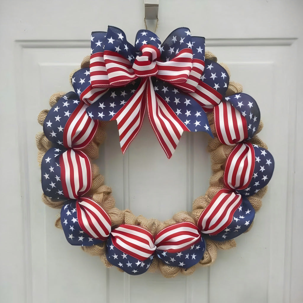Unisex nan rustic jute door wreath with patriotic star and stripe ribbon and voluminous bow Kalsten