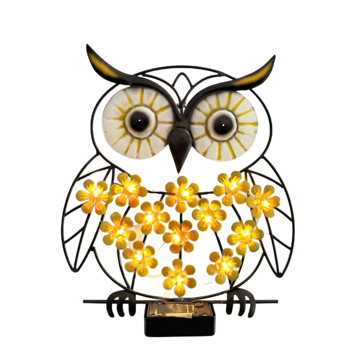 Metal Owl Wall Art With Solar Powered LED Floral Lights And Iron Frame Kalsten