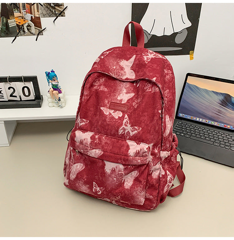 Corduroy Butterfly-Print School Backpack