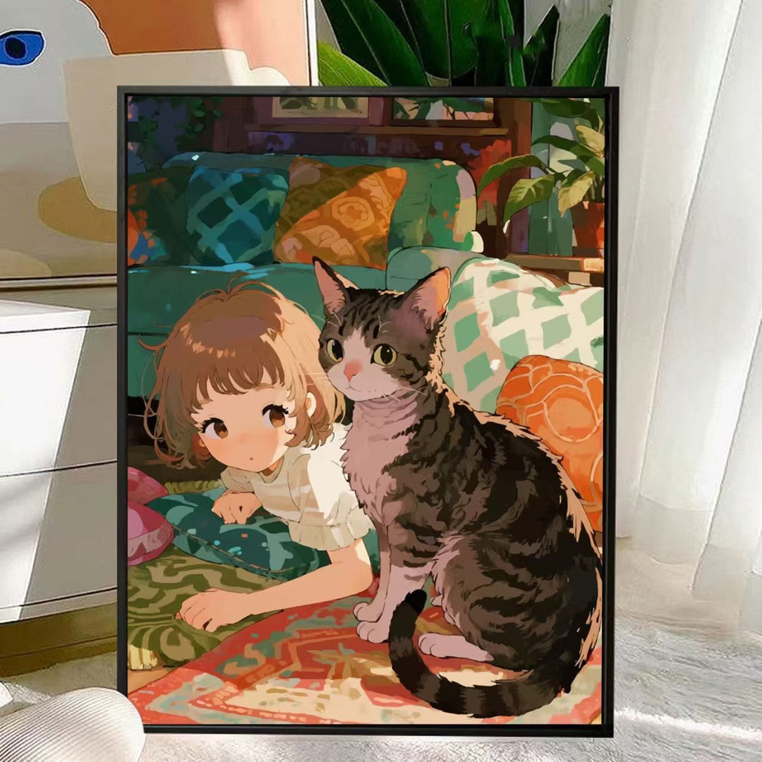 Cute Cat and Child Illustration Wall Art Kalsten