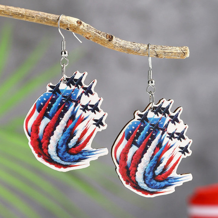 Ladies' lightweight wooden earrings in airplane jet design with patriotic motif and hypoallergenic fish hook Kalsten