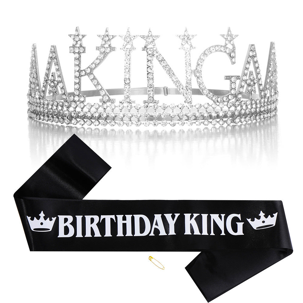 Ladies Glittering Birthday Crown with a Regal "Birthday King" Sash Set Kalsten