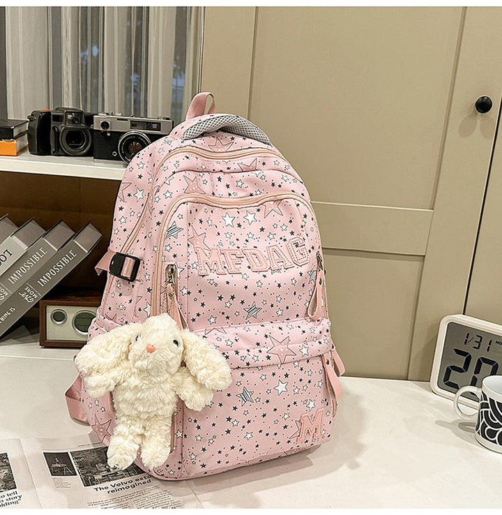 Multi-Pocket Star-Print School Backpack