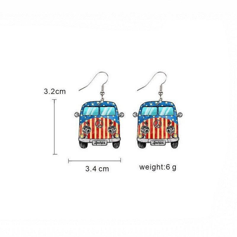 Ladies' lightweight wooden earrings in airplane jet design with patriotic motif and hypoallergenic fish hook Kalsten