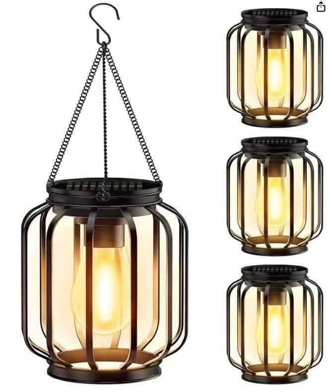 Solar Hanging Outdoor Lanterns With Vintage-Style LED Filament Bulb And Metal Cage Waterproof Suspension Kalsten