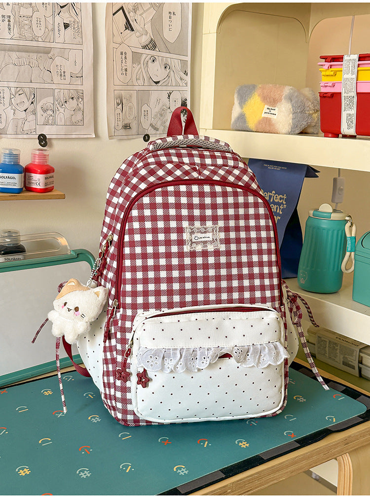 Adorable Gingham-Patterned Multi-Pocket School Backpack